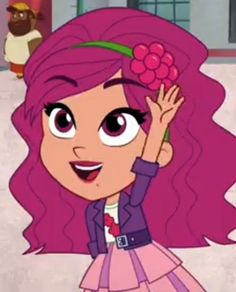 a cartoon girl with pink hair and flowers in her hair