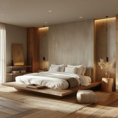 a large bed sitting in the middle of a bedroom next to a tall wooden wall