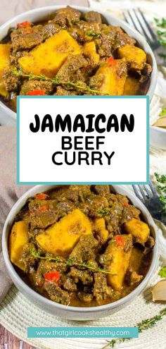 Caribbean Beef Curry in white bowls. Jamaican Curry Beef Stew, Jamaican Bully Beef Recipe, Jamaican Curry Beef, Jerk Recipes, Daycare Recipes, Potatoes Curry, Jamaican Patties, Curry Beef