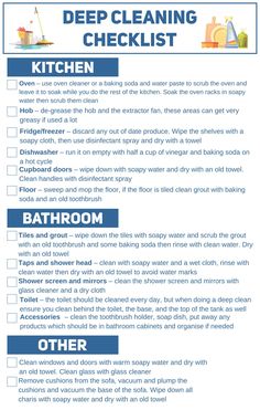 a cleaning checklist with the words deep cleaning and kitchen items in blue on it