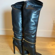 Sergio Rossi Black Leather Knee High Boots With Gold Zipper (Size 36) Brand New (Never Worn), No Box, Resoled With Topy Retails For $1,375 Sergio Rossi Boots, Sergio Rossi Heels, High Heel Dress Boots, Black Leather Knee High Boots, Sergio Rossi Shoes, Thigh High Suede Boots, Glitter Boots, Suede Boots Knee High, Knee High Leather Boots