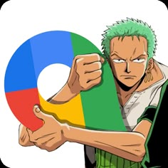 an anime character with green hair holding the letter o in front of his face and pointing at it