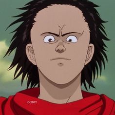 an anime character with long black hair and blue eyes looking at the camera while wearing a red shirt