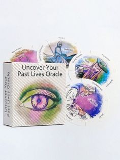 an unopened box with four different colored images on it and the words, uncover your past lives oracle