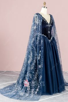 Navy Blue Fantasy Gown, Moon Dress Gowns Formal, Galaxy Gown Night Skies, Night Sky Ball Gown, Sky Inspired Dress, Fantasy Galaxy Dress, Celestial Fantasy Outfit, Starfall Ball Acotar, Fantasy Moon Dress