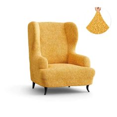 an upholstered chair is shown with yellow fabric