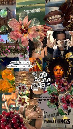 a collage of images with flowers and words on them, including an image of a woman's face