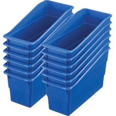 blue plastic storage containers stacked on top of each other