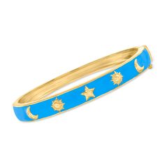 Ross-Simons - Blue Enamel Celestial Bangle Bracelet in 18kt Yellow Gold Over Sterling. 8". An RS exclusive. Celestial lovers, take this as a chance to let your personality shine through your stack! On this bangle bracelet, hammered and polished 18kt yellow gold over sterling silver suns, moons and stars glow atop the bold blue enamel backdrop. Hinged with a figure 8 safety. Box clasp, blue enamel celestial bangle bracelet. Geometric Bangle, Pearl Bangle Bracelet, Diamond Birthstone, Pearl Bangle, Bangle Bracelet Set, Fine Jewelery, Figure 8, Fine Jewelry Bracelets, Greek Life