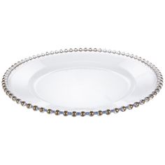 a white plate with beaded edges and silver trimmings on the rim is shown