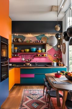 a colorful kitchen with lots of counter space