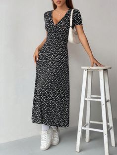 Women V-Neck Short Sleeve Floral All-Over Allover Print Dress (Random Cut) Maxi Women Outfit Black Casual  Short Sleeve Knitted Fabric Plants,Ditsy Floral,All Over Print A Line High Stretch  Women Clothing, size features are:Bust: ,Length: ,Sleeve Length: Trendy Black V-neck Maxi Dress, Black Non-stretch V-neck Midi Dress, Casual Fitted Midi Dress With V-neck, Trendy V-neck Floral Print Midi Dress, Casual Black Dress With Surplice Neckline, Casual Black Midi Dress With Surplice Neckline, Sheer Long Sleeve Dress, Fabric Plants, Ruffle Trim Dress