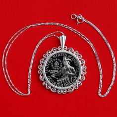 "You are looking at a gorgeous solid 925 sterling silver necklace, set with an authentic US 1776 - 1976 Washington Quarter Drummer Boy BU Uncirculated Proof Bicentennial Coin, mint marked \"S\". The coin is set with backside 4-prong. The pendant is made of solid 925 sterling silver, sized about 29mm(1.16\") x 23mm(0.92\"). It comes with a 18\" solid 925 sterling silver chain, and also a gift box. I hope you end up with one of these beautiful coin necklaces. This necklace will be great for gift, Classic Stamped 925 Medallion Jewelry, Stamped 925 Medallion Necklace For Anniversary, Coin Necklace With Polished Finish For Anniversary, Anniversary Coin Necklace With Polished Finish, Coin Shaped Necklace With Polished Finish For Anniversary, Collectible Coin Necklace Stamped 925, Silver Coin Jewelry For Anniversary, Classic White Gold Necklace For Commemoration, Classic Silver Necklace For Commemoration