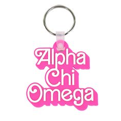 a pink key chain with the words alpha chi omega on it