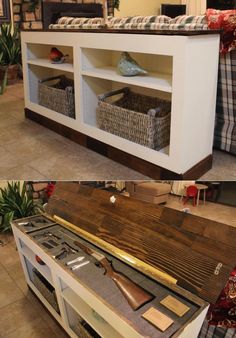 two pictures of the inside of a living room with furniture and accessories on display in it