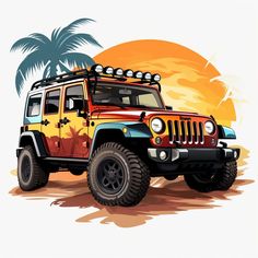 a red and yellow jeep parked in front of a palm tree on an orange sunset