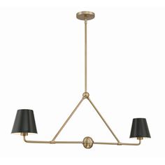 a brass chandelier with three black lamps hanging from the bottom and one light on top