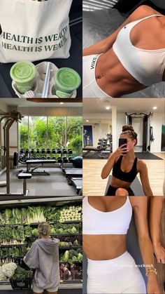 a collage of photos showing women in sports bras at the gym and on their cell phones