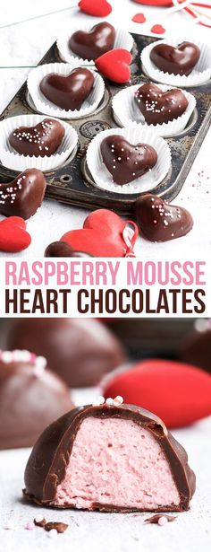 raspberry mousse heart chocolates on a tray