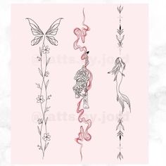 four different tattoo designs on a pink background