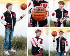 a young man holding a basketball while standing in front of water with other photos around him