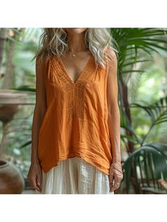 Elegant Tops, Retro Loose Comfortable And Breathable Ethnic Style Linen V-neck Suspender Sleeveless Top Orange Bohemian V-neck Top, Bohemian V-neck Camisole For Beach, Bohemian V-neck Vest For Spring, Bohemian Tank Vest For Summer, Bohemian V-neck Tank Top For Spring, Casual Camisole For Festival, Bohemian V-neck Vest For Beach, Bohemian Tank Vest For The Beach, Bohemian Tank Vest For Beach