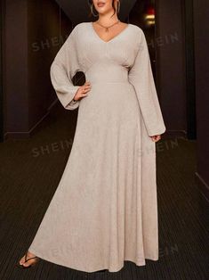 SHEIN Privé Plus Size Solid V-Neck Lantern Sleeve Cinched Waist Dress | SHEIN USA Beige Long Sleeve Maxi Dress For Party, Cinched Waist Dress, Twist Front Dress, Lantern Sleeve, Twist Front, Waist Dress, Cinched Waist, Dress P, Plus Size Dresses