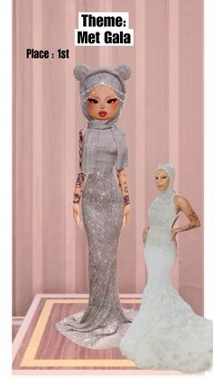 there is a woman in a silver dress next to a doll