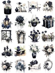 black and white flowers are in vases on the wall