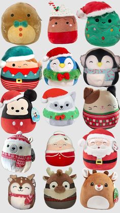 many different stuffed animals with hats and scarves on their heads, all in various colors