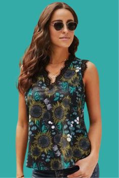 This Black Teal Floral Silky Tank features delicate lace trim on a silky teal and yellow fabric, providing a touch of elegance to any look. The silky material offers comfort and style, perfect for any wardrobe.Very nice quality dressy top. True to size Yellow Fabric, Floral Tank, Dressy Tops, Summer Wardrobe, Black Lace, Lace Trim, Breathable Fabric, Sleeveless Top, Trim