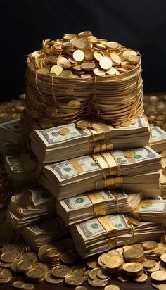 stacks of money sitting on top of each other in front of a pile of gold coins