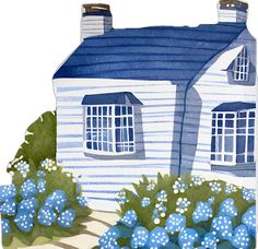 a watercolor painting of a blue and white house with flowers in front of it