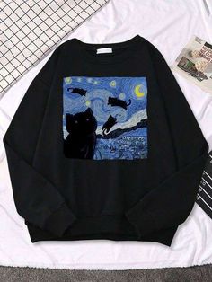 Oil Painting Black Cat Starry Night Printing Hooded Unisex Sports Fashion New Hoodies Fleece Warm Sweatshirt Loose Oversized Hoody Easy 30 day return policy Cat Starry Night, Sports Fashion, Selling Clothes, Really Cute Outfits, Casual Style Outfits, Dream Clothes, Look Cool, Sport Fashion, Beautiful Outfits