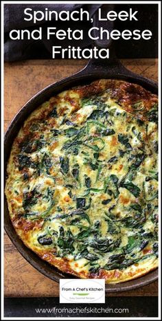 spinach, leek and feta cheese frittata in a cast iron skillet