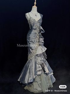 Royal Banquet Dress, Torn Dress Aesthetic, Garden Theme Prom Dress, Ocean Aesthetic Dress, Unique Clothing Designs, Mermaid Dress Aesthetic, Silver Dress Aesthetic, 2000 Dresses, Blue Layered Dress