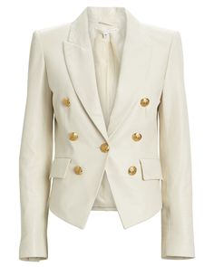 Product Details Veronica Beard's Cooke leather blazer is a sharply-tailored spin on the label's cult-favorite Dickey jacket. Detailed with gold-tone crested buttons. Notched lapels. Button cuffs. Sculpted shoulders. Hip flap pockets. Fabric: 100% lamb leather Lining: 52% cotton, 48% polyester Lining 2: 100% polyester Professional leather cleaning Imported Model is 5'10" and wearing size 2 Length from shoulder to hem: 26" Please note: This item was pre-shot and written from a sample. Details incl Sculpted Shoulders, Leather Jacket Blazer, Leather Cleaning, White Blazer, Leather Blazer, Jacket Blazer, Veronica Beard, Fashion 2020, Double Breasted Suit Jacket