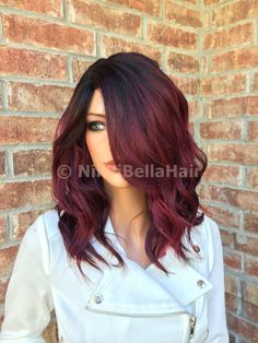 Cherry Red Balayage Human Hair Blend full wig 10" Full wigPaige Bella- Nikki Bella Hair www.NikkiBellaHair.com Cherry Red Balayage, Dark Ombre Hair, Red Balayage, Bella Hair, Cherry Wine, Nikki Bella, Burgundy Hair