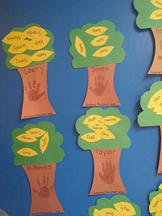 a bulletin board with handprints and trees on it