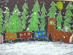 a child's drawing of a train going through the snow with trees on it