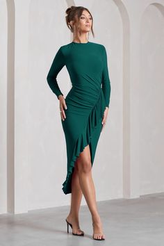 Dolce Vita | Bottle Green Long-Sleeve Ruffle Asymmetric Split Midi Dress Midi Bridesmaid Dress, Black Dress Prom, Black Tie Gala, Green Maxi, Split Maxi Dress, Christmas Party Dress, Black Velvet Dress, Green Midi Dress, Bottle Green