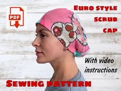 a woman wearing a pink bandana with skulls on it and the words sewing pattern below