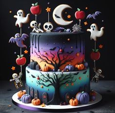 a multi layer cake decorated with halloween decorations