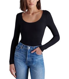 From Steve Madden&#x2C; this bodysuit features:Jersey knit fabricationScoop necklineLong sleevesPull-on constructionApprox. 27.5" lengthNylon/elastaneHand washImported. Fitted Scoop Neck Top With Thumbholes, Casual Bodysuit With Scoop Neck For Fall, Fitted Scoop Neck Bodysuit For Fall, Fitted Bodysuit With Thumbholes And Scoop Neck, Fitted Scoop Neck Bodysuit With Thumbholes, Fitted Seamless Tops With Scoop Back, Beach Wedding Black, Night Snap, Scoop Neck Bodysuit