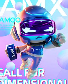 a cartoon character holding a blue object in one hand and wearing a purple helmet on the other