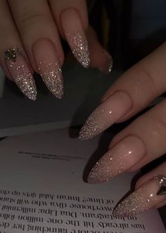 Prom Nail Aesthetic, Cute Shiny Nails, Almond Nail Glitter Ombre, Glitter Ombré Nail, Long Almond Glitter Nails, Glitter French Tips Stilleto, Champagne Silver Nails, Long Almond Nails Sparkle, Pink And White Ombre Nails Sparkle Almond