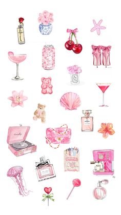 a bunch of pink items are arranged on a white background