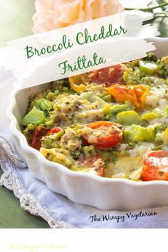 broccoli cheddar frittata in a white casserole dish