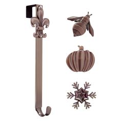 an assortment of decorative items including a door handle, snowflake and star ornament