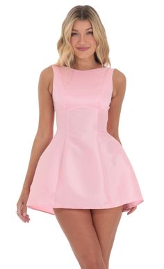 High Neck Open Back Flare Dress in Pink | LUCY IN THE SKY Pink Formal Dresses Short, Pink Hoco Dress, Dressy Summer Dresses, Bubblegum Pink Dress, Triangle Crop Top, Cotillion Dresses, Hoco Dresses Pink, High Neck Mini Dress, Pink Party Dresses